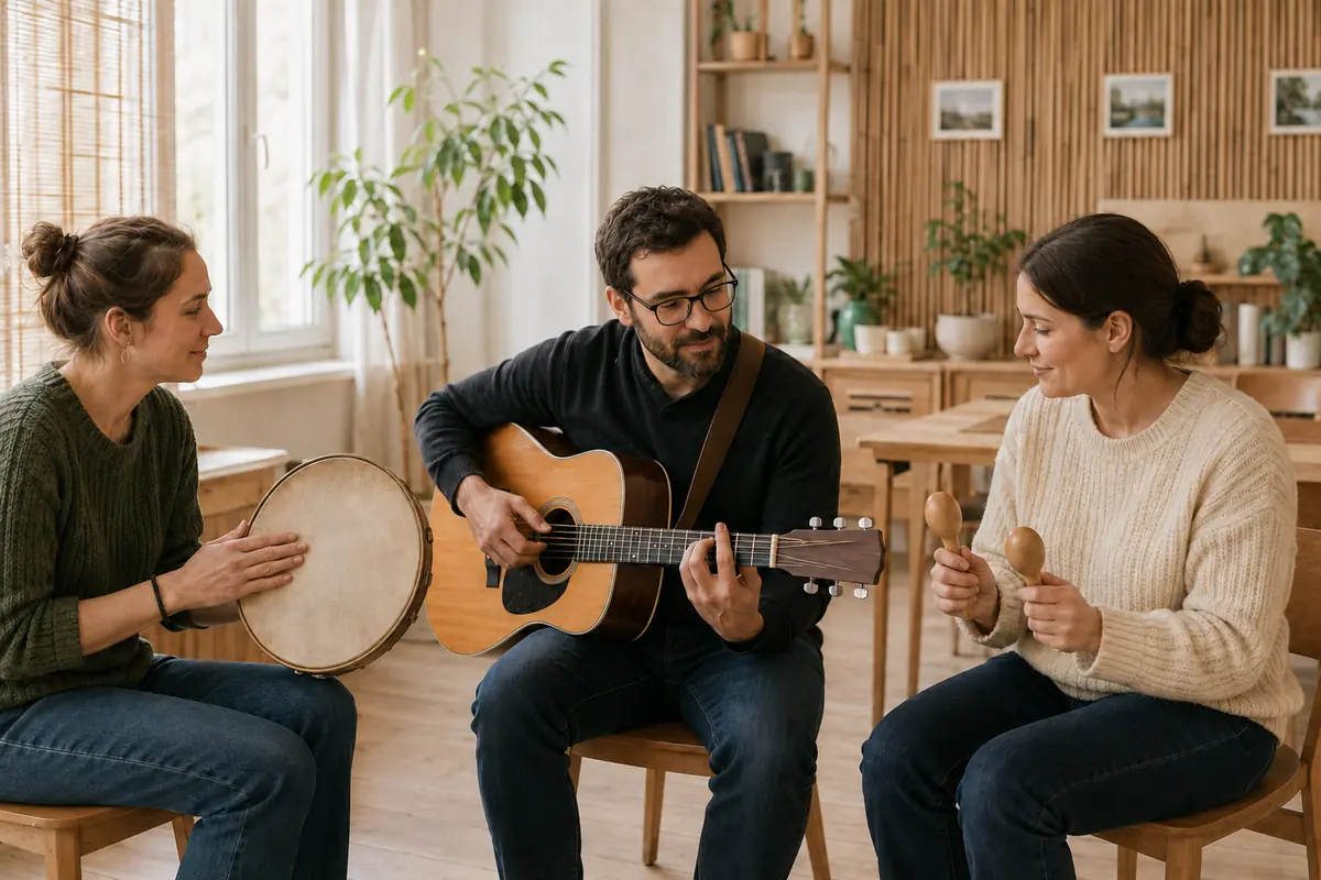 Három felnőtt közös zenei workshopon gitárral és ritmushangszerekkel